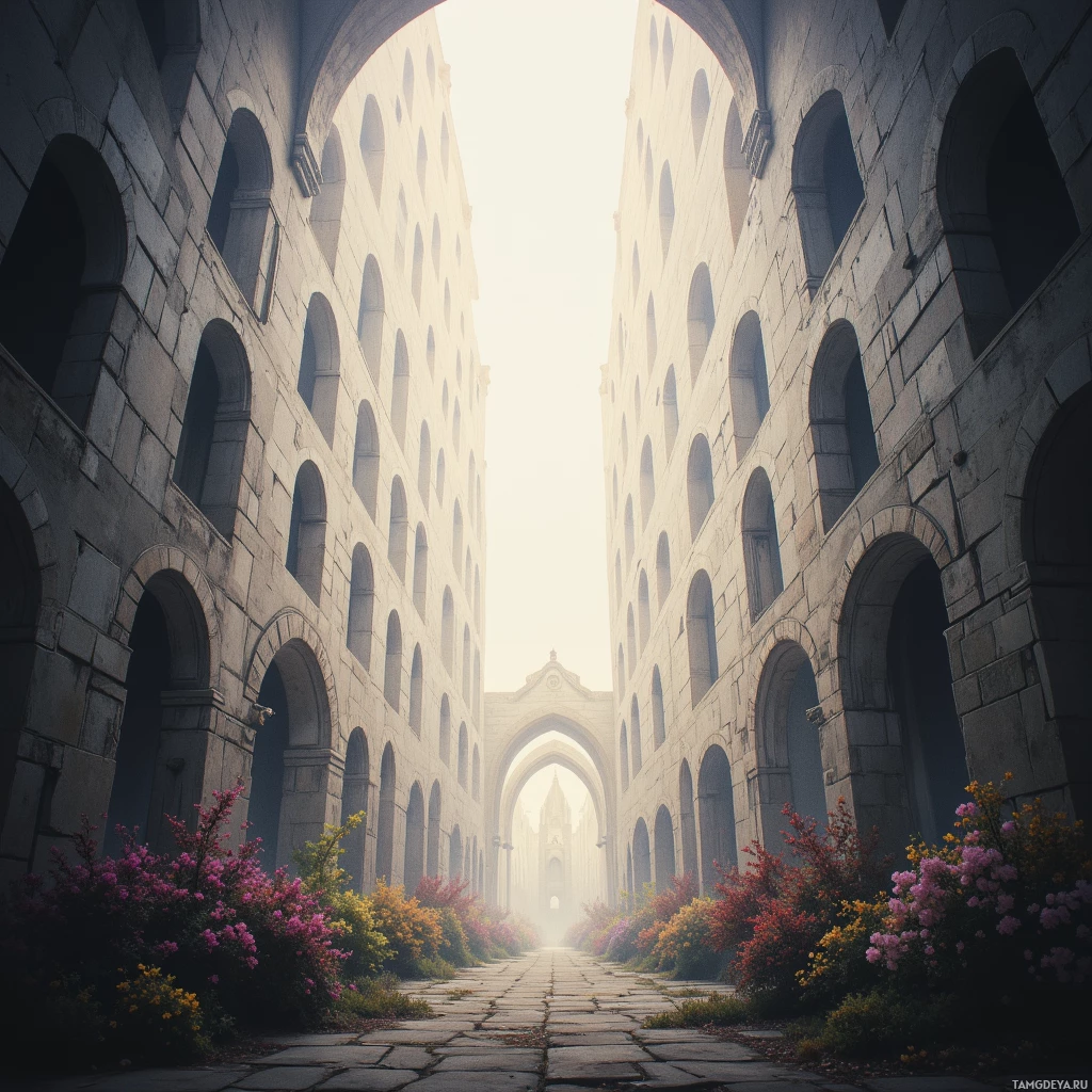 Каменный арочный проход, увитый цветами, ведёт к залитой солнцем, светлой открытой площадке.