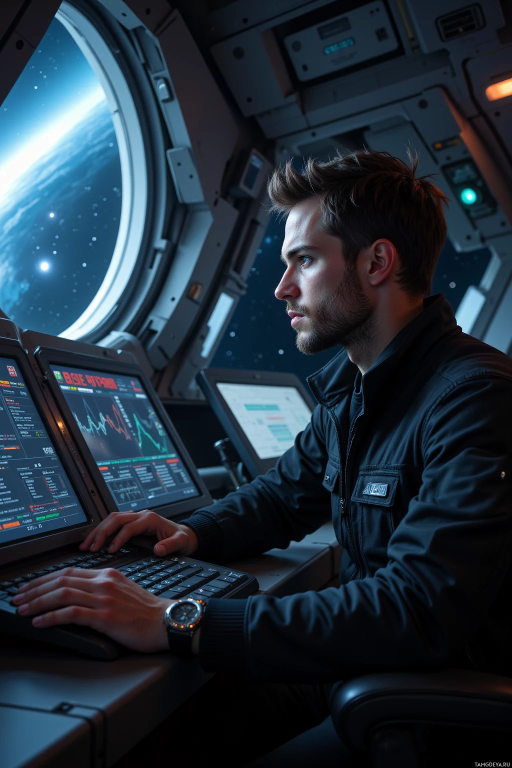 Человек в скафандре управляет панелью управления, за иллюминатором виднеется Земля.