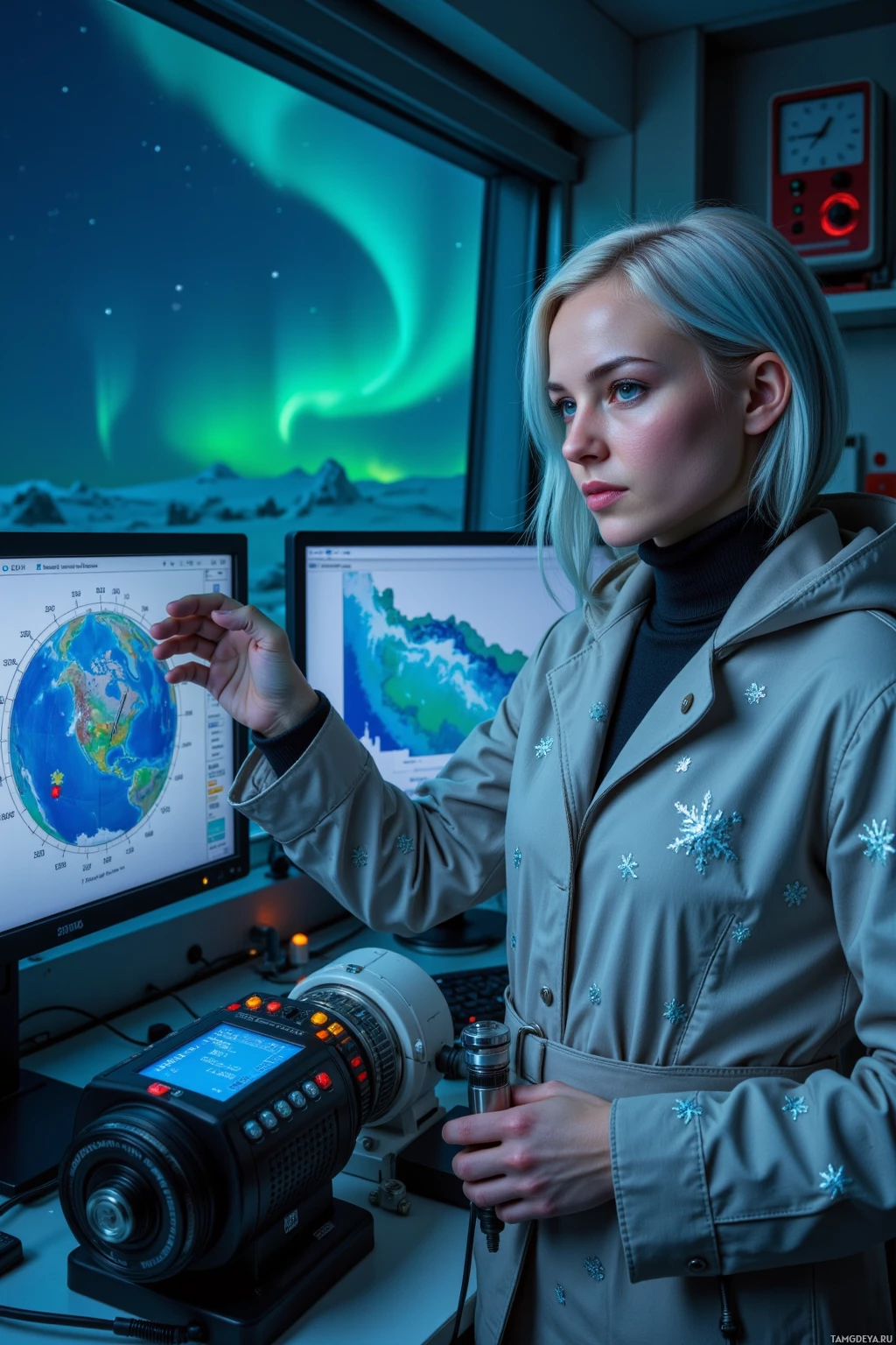 Человек в лаборатории, держащий камеру, на мониторах – карты и данные.