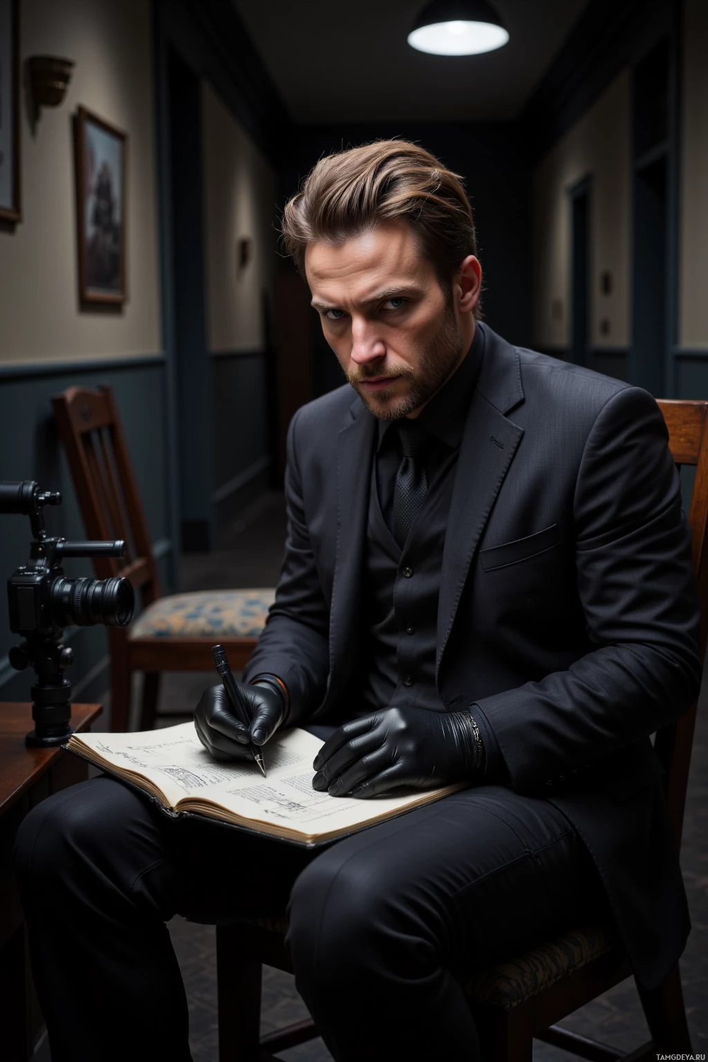 Мужчина в черном костюме и перчатках сидит за столом и что-то записывает в блокноте.