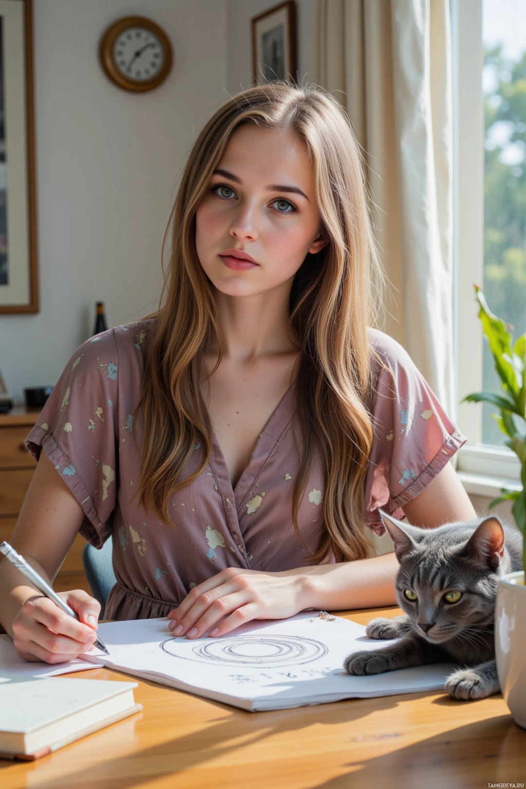 Женщина сидит за столом с кошкой и рисует на бумаге круглый узор.