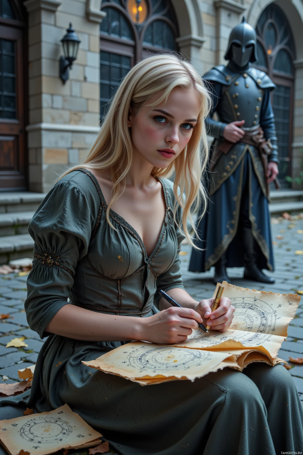 Женщина в средневековом платье пишет на пергаменте, а позади нее стоит рыцарь.