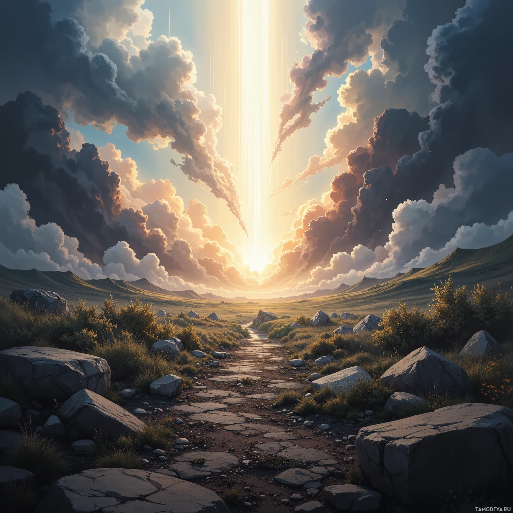 Безмятежный пейзаж с освещенным солнцем небом, живописными облаками и каменистой тропинкой, ведущей через луг.