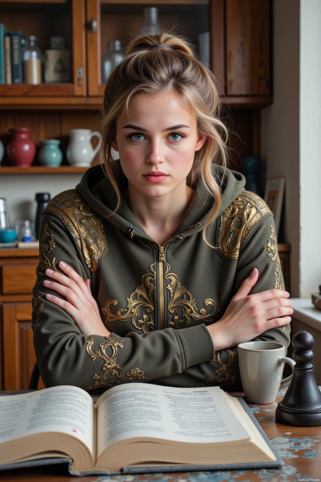 Человек в зелёном худи с золотой вышивкой сидит за столом с открытой книгой и кружкой.