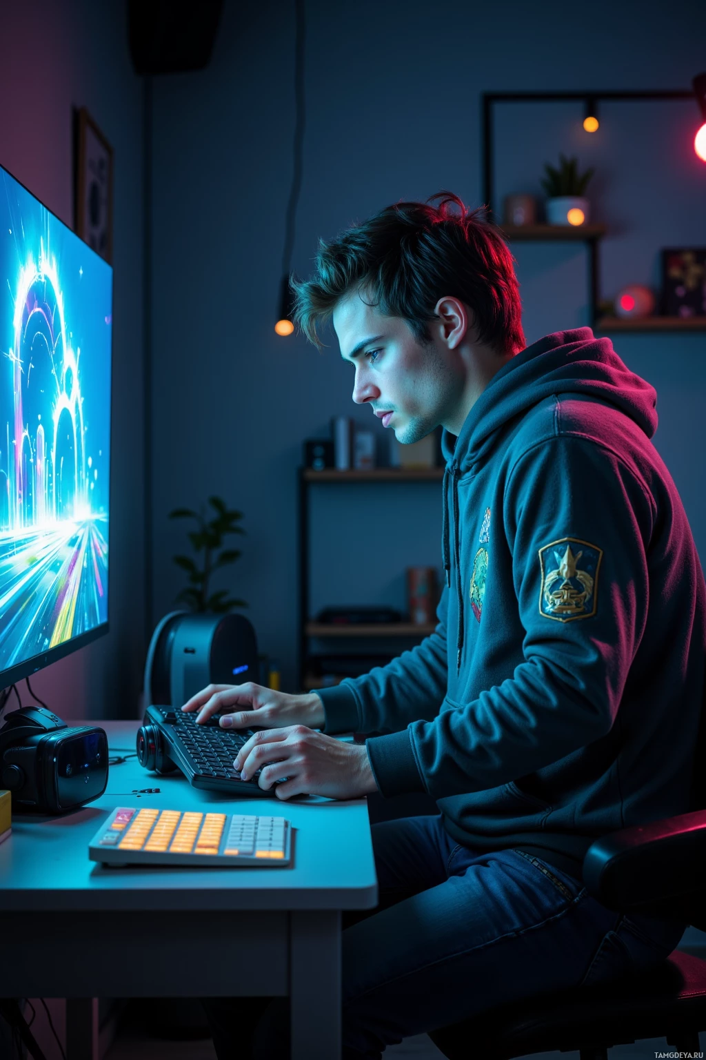 Человек сидит за столом и работает за компьютером, на экране которого яркая картинка, а в комнате – красочное освещение.