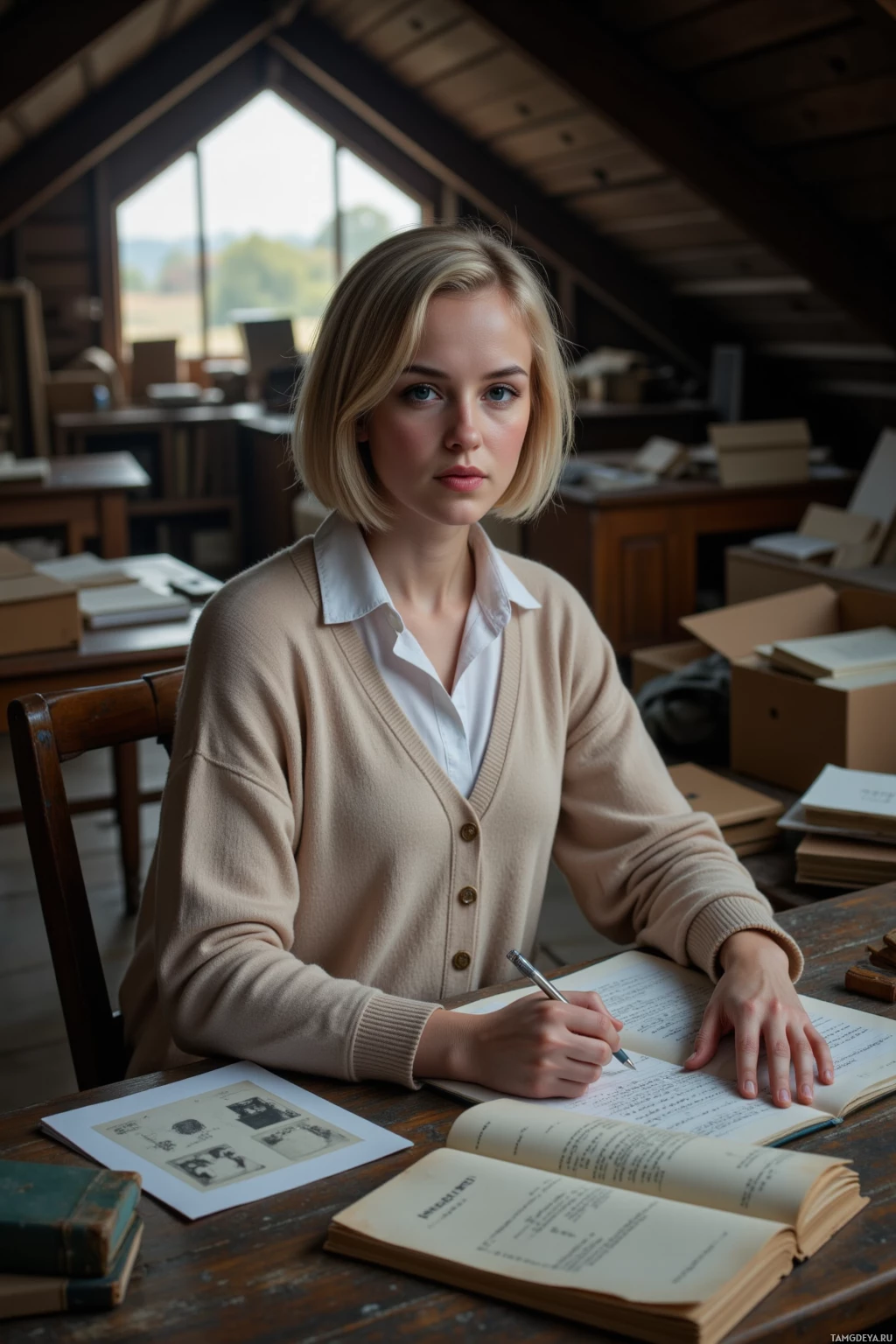 Человек сидит за столом в комнате, заваленной книгами и бумагами, и что-то записывает в блокнот.