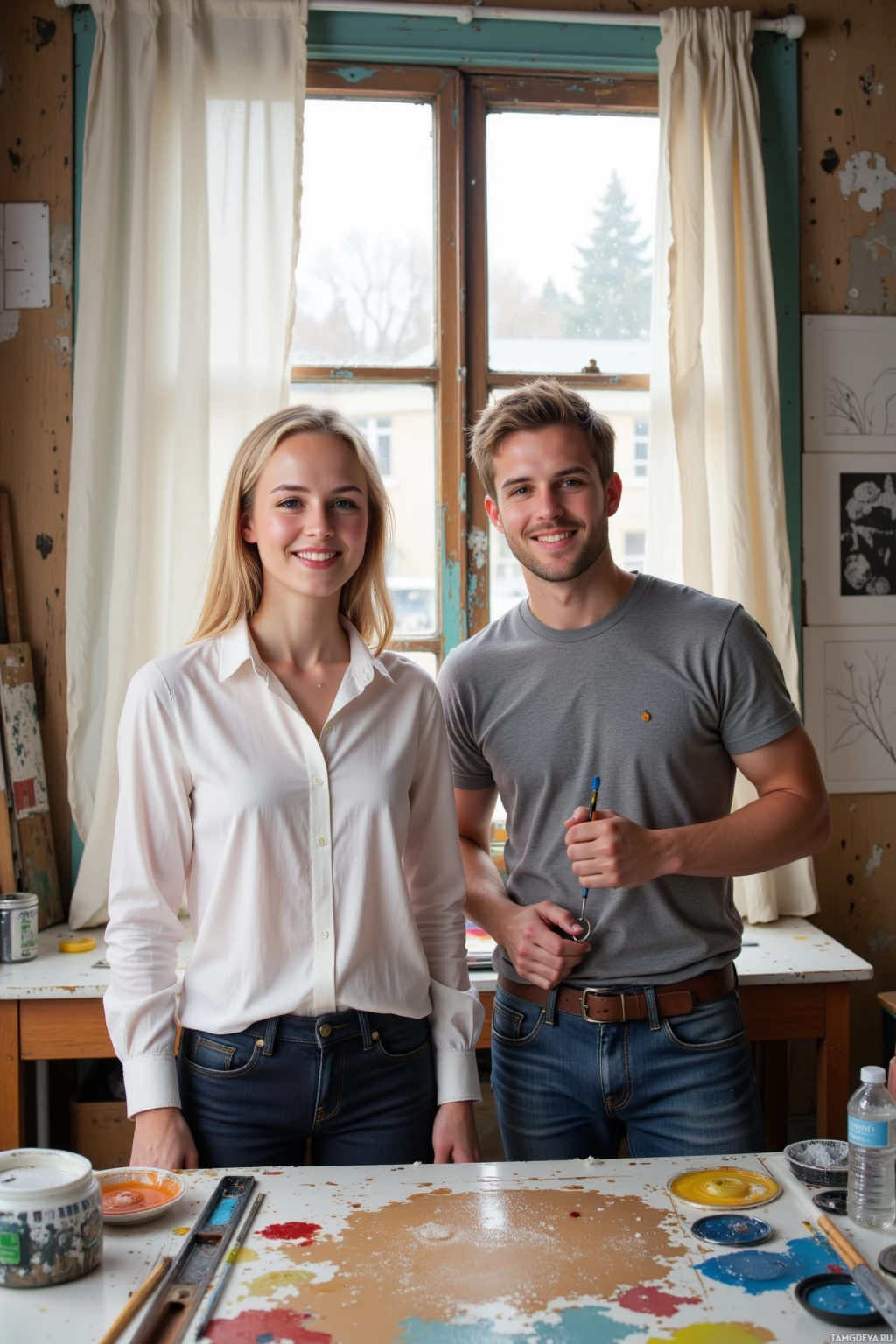 В студии стоят двое, улыбаясь, на столе перед ними видны разводы от краски.