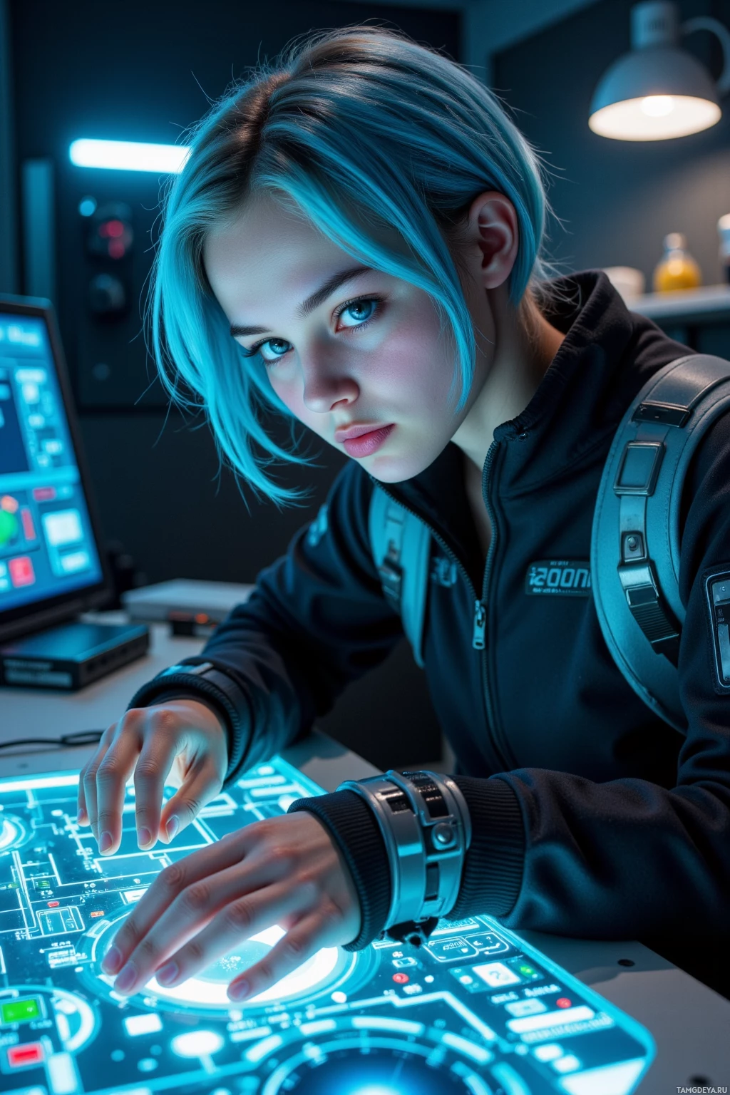 У человека с синими волосами происходит взаимодействие с футуристичной панелью управления.