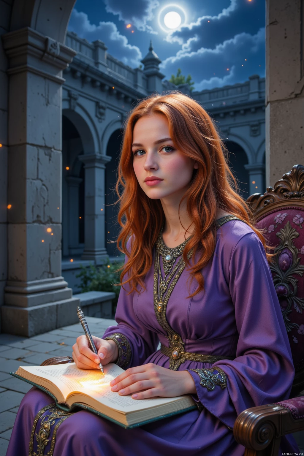 Женщина в фиолетовом платье сидит на стуле и пишет в книге на фоне ночного неба с полной луной.