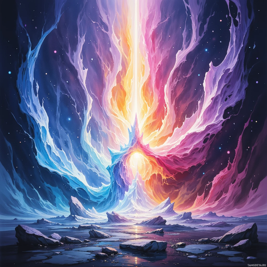 Яркая космическая сцена с завораживающими туманностями и ледяными пейзажами.