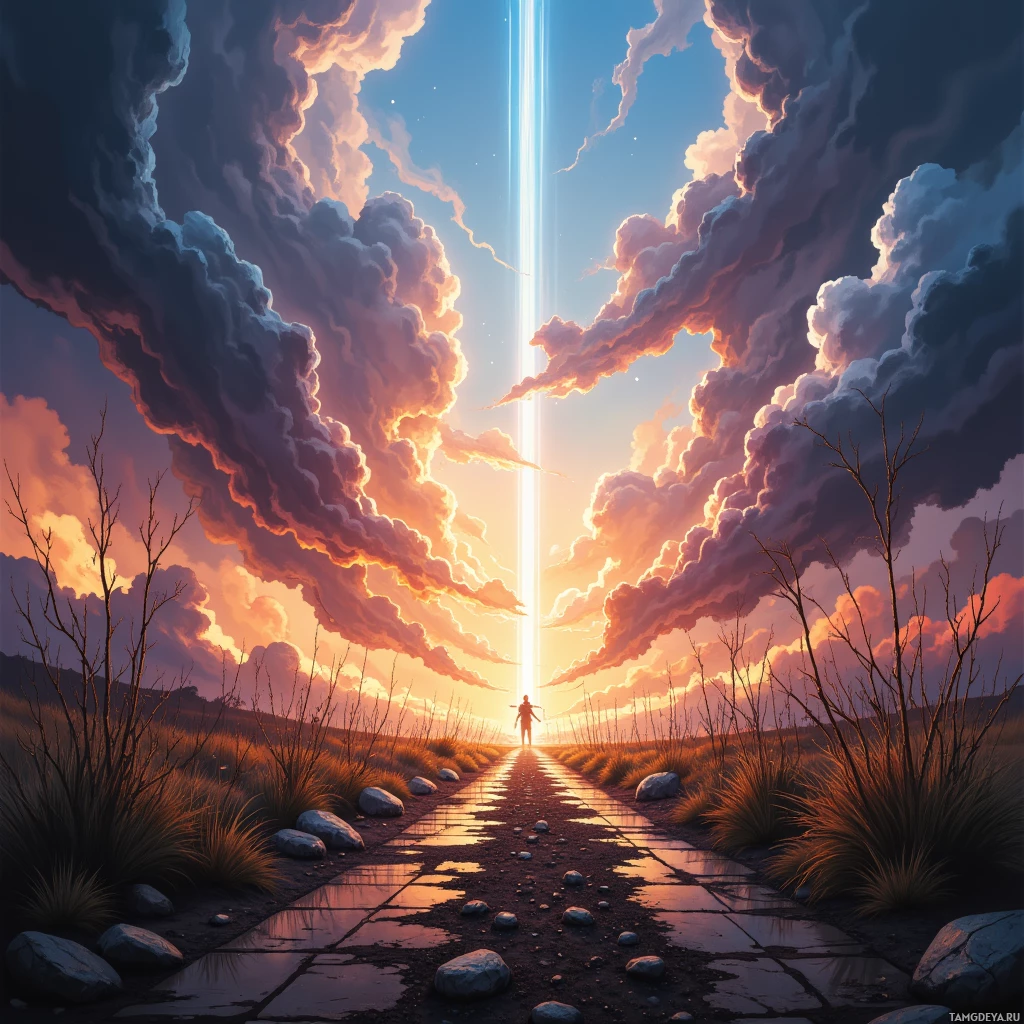 Спокойный пейзаж: человек идет по тропинке под впечатляющим небом.