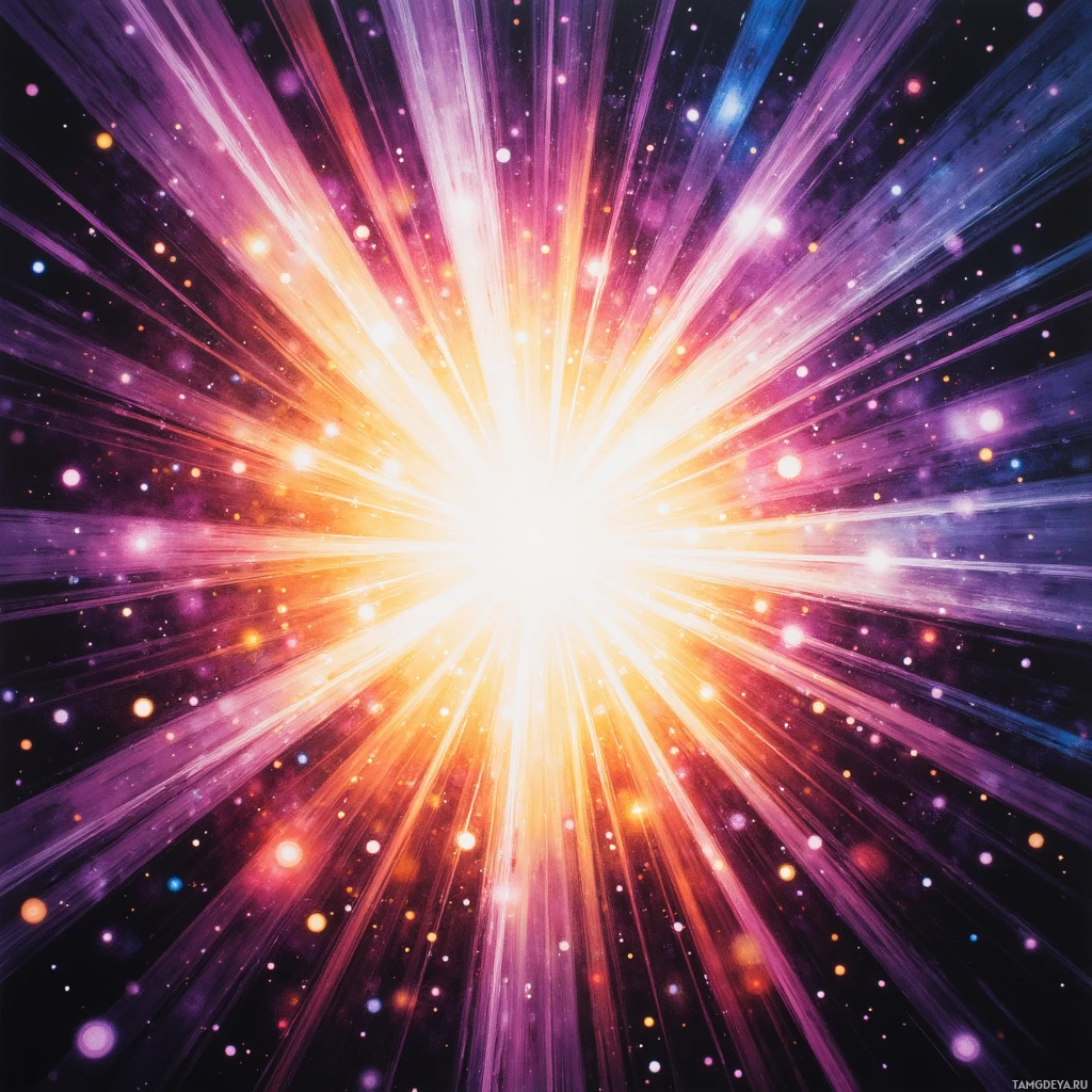 Яркая космическая сцена, залитая сияющими лучами света и усеянная звездами.