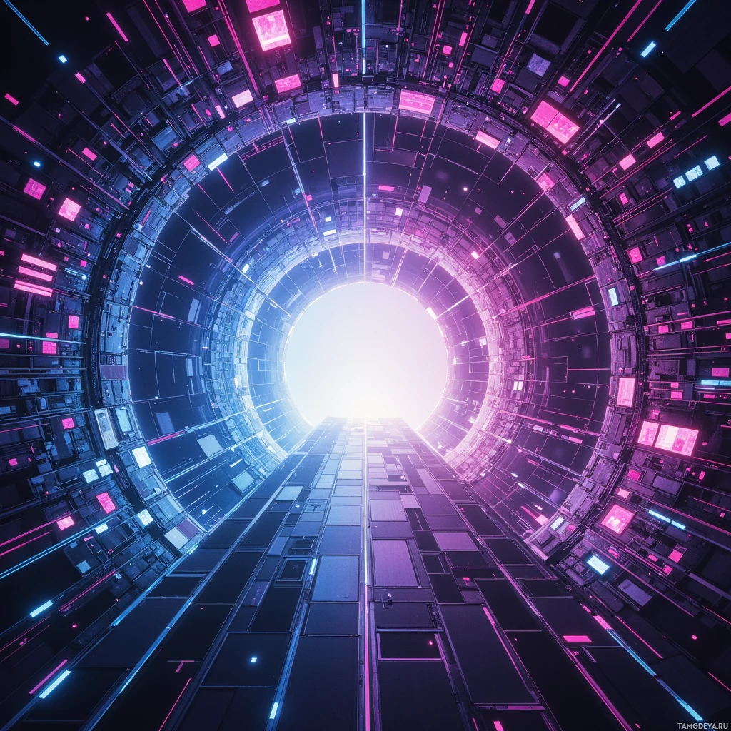 Футуристический туннель, залитый неоновым светом, с светящимися панелями и ярким лучом в конце.