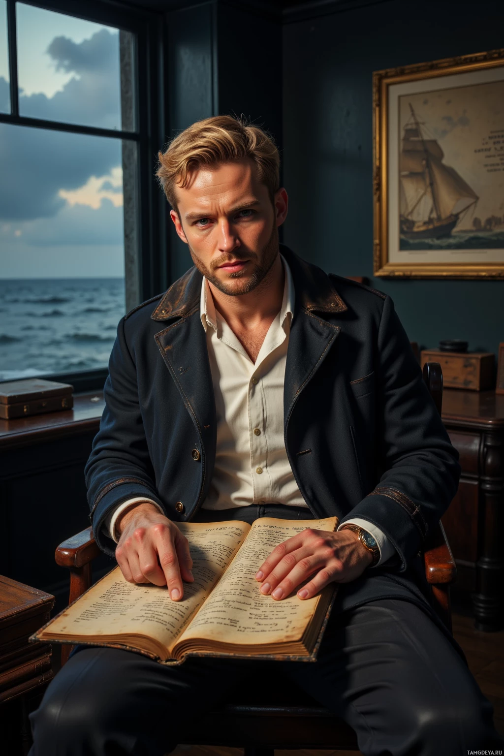 Мужчина в темно-синей куртке и белой рубашке сидит в кресле, держа в руках раскрытую книгу.