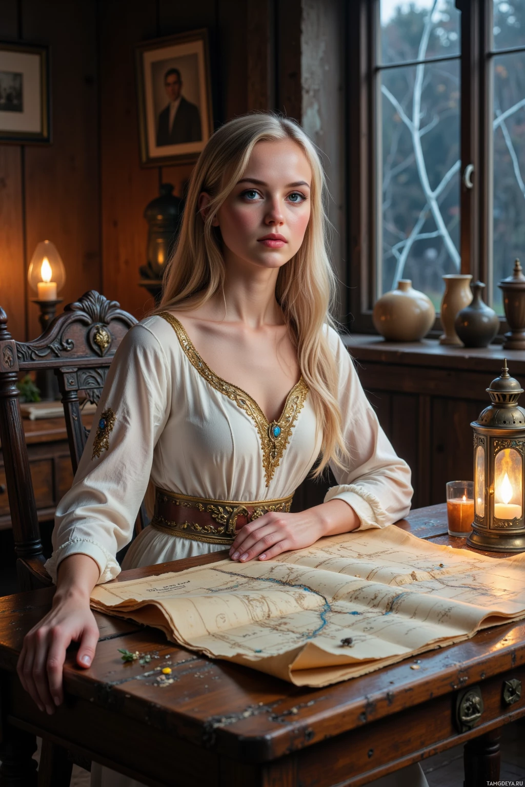 В историческом платье женщина сидит за деревянным столом с картой и зажжённым фонарём.