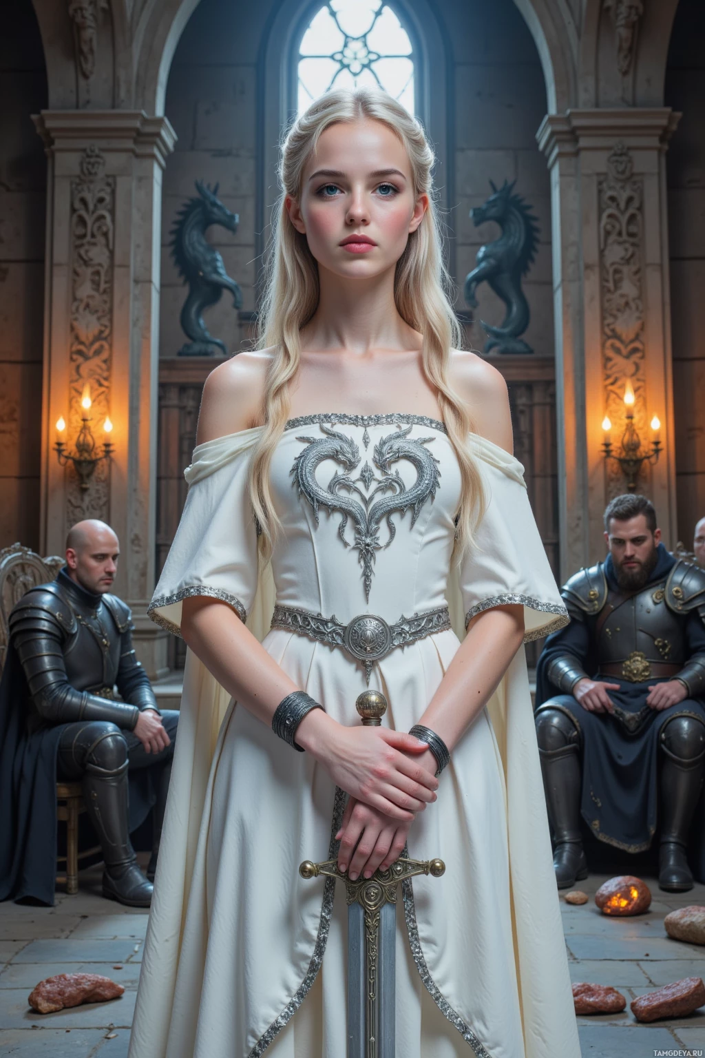 В роскошном зале стоит женщина в белоснежном платье, украшенном серебряной вышивкой, в руках у неё меч, а на заднем плане видны два рыцаря в доспехах.