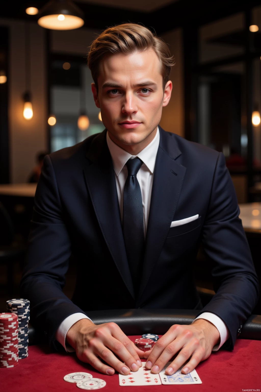 Мужчина в костюме сидит за карточным столом, на котором лежат карты и фишки.