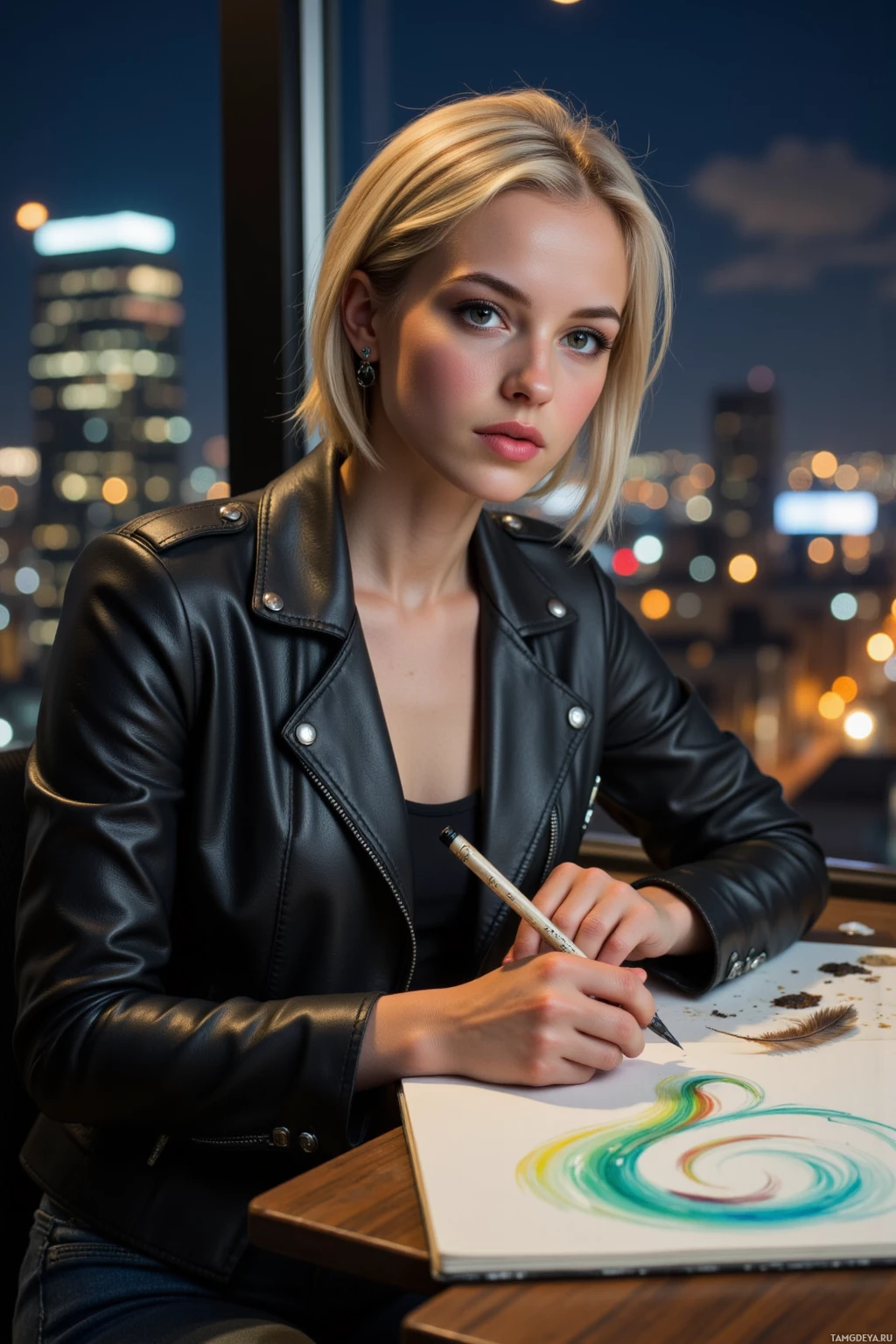 Женщина в кожаной куртке рисует яркий вихрь на холсте.