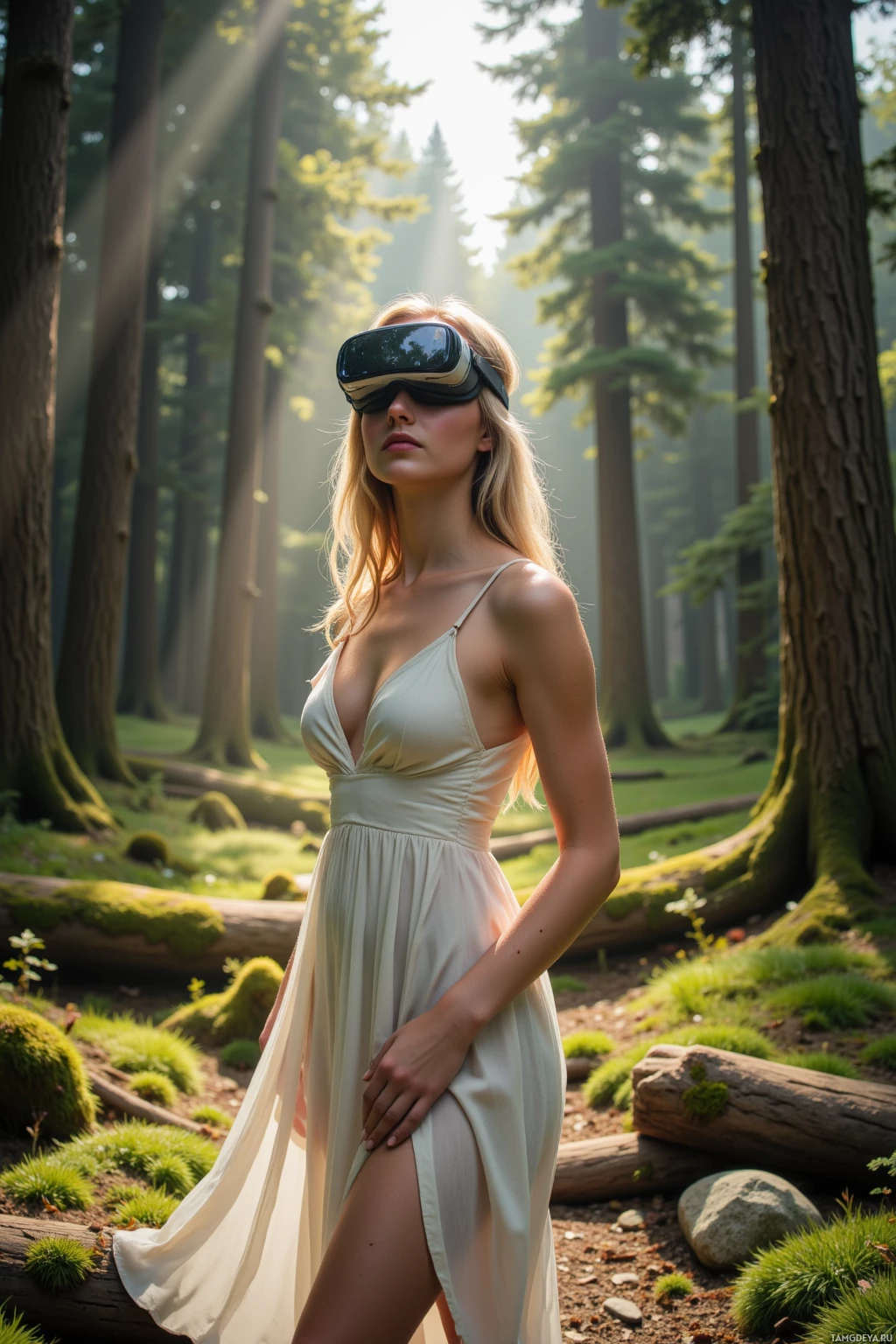 Женщина в белом платье стоит в лесу, на ней VR-очки.