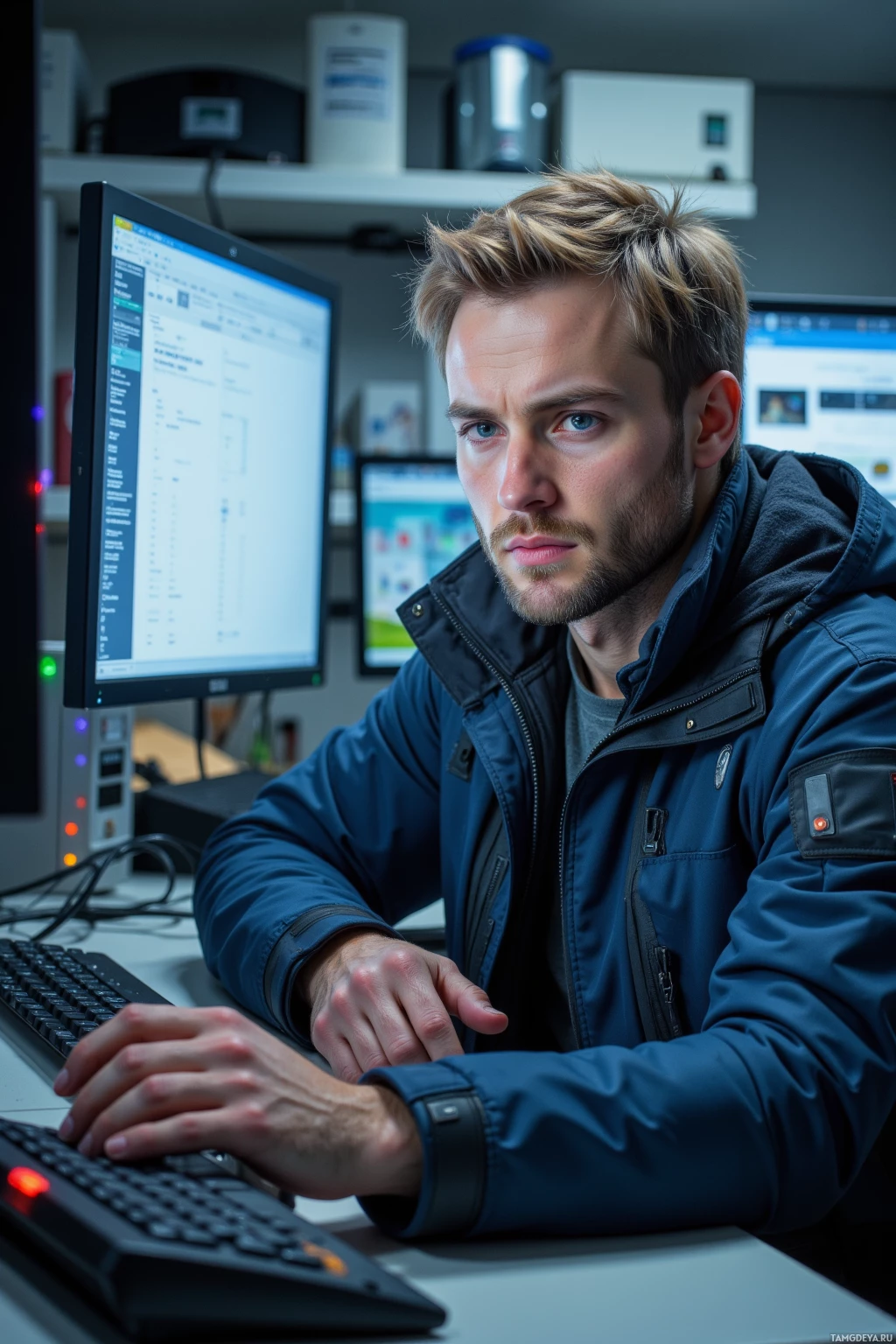 Человек в синей куртке работает за компьютером.