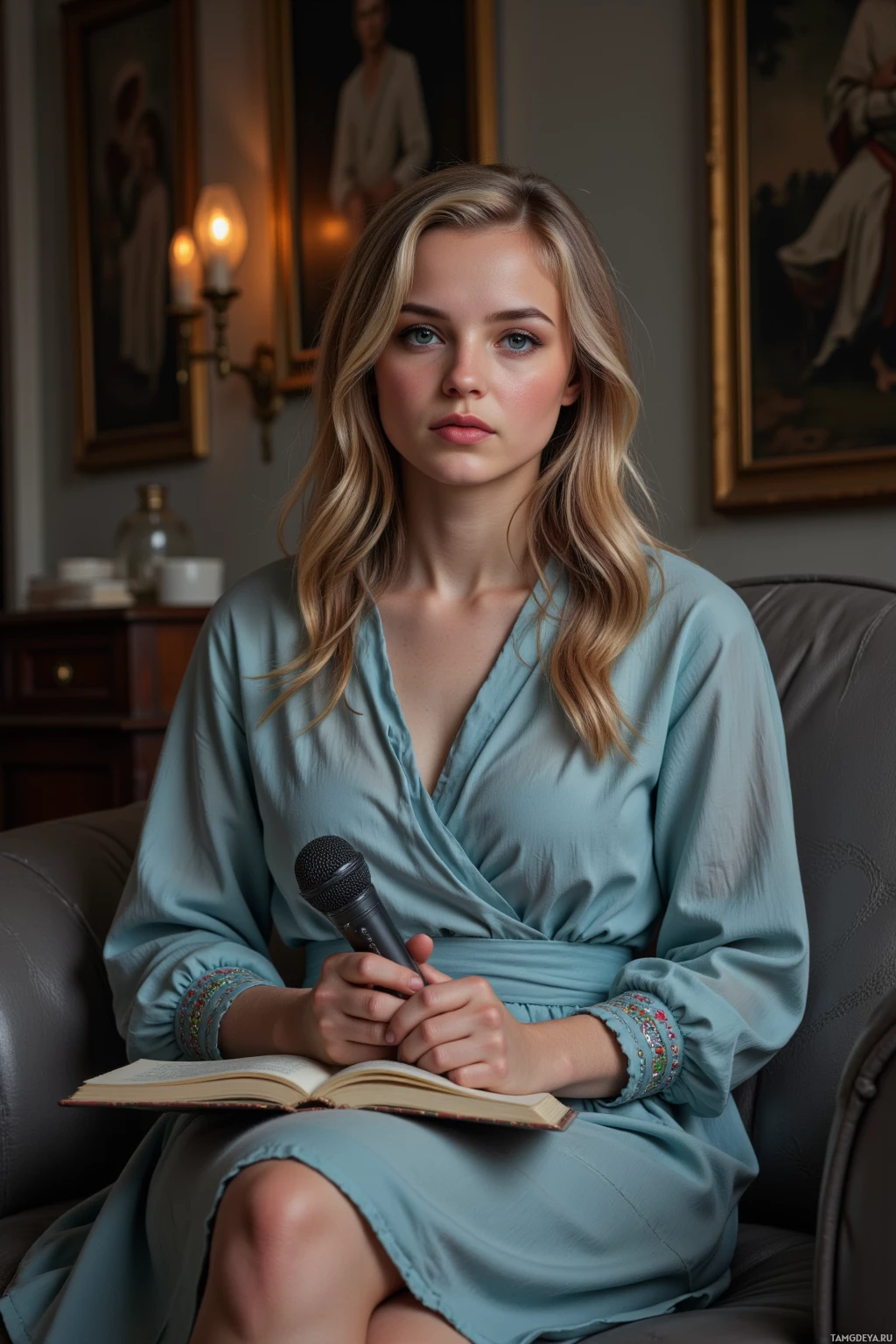 Женщина в светлом голубом платье сидит на диване, держа в руках микрофон и раскрытую книгу.