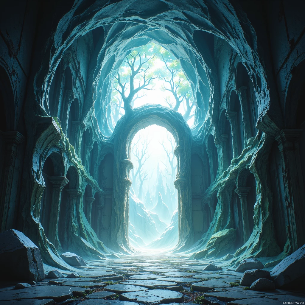 Мистический, древний каменный коридор, ведущий к яркому, усеянному деревьями небу.