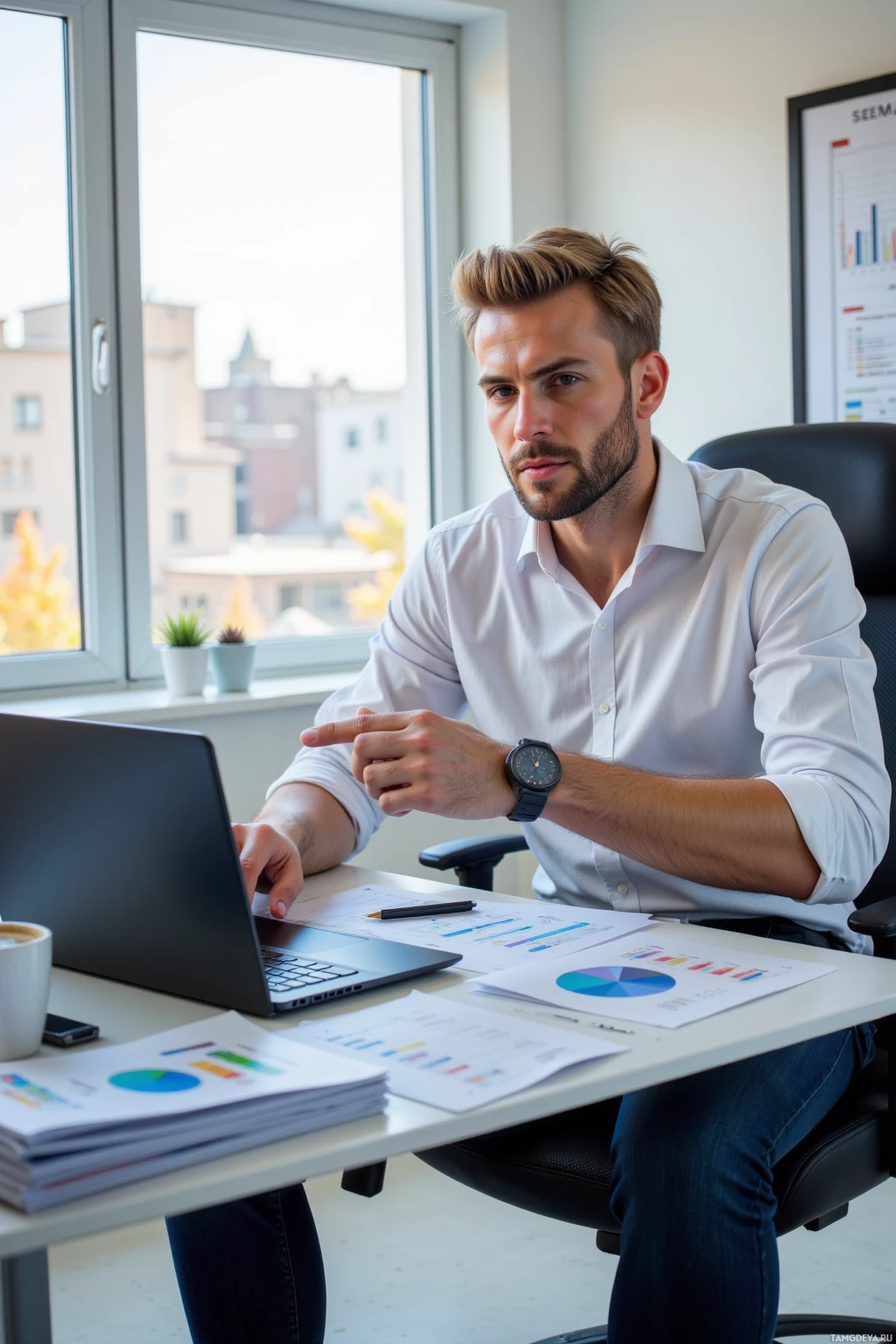 Мужчина в белой рубашке сидит за столом с ноутбуком и документами, глядя в окно.