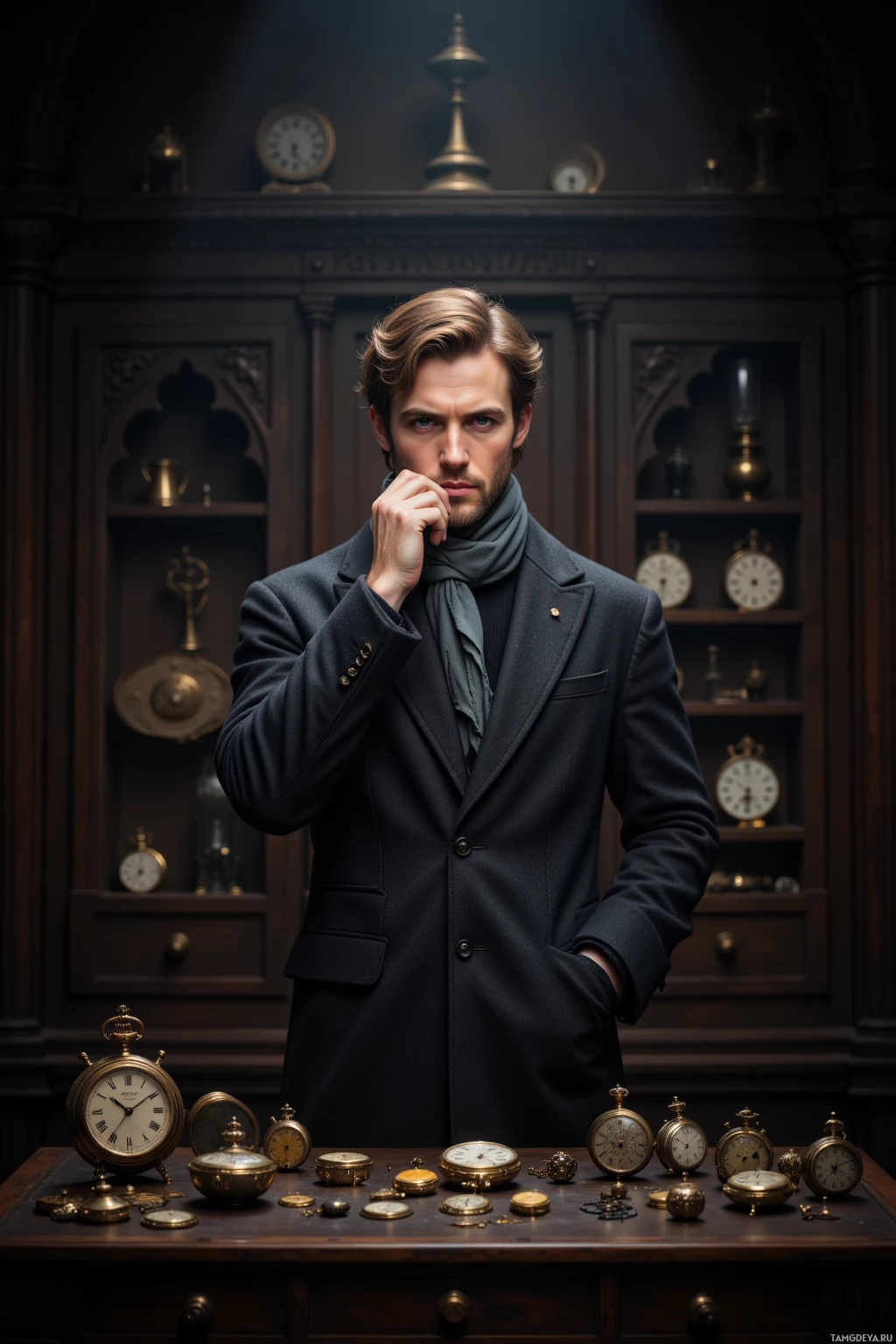 Мужчина во фраке стоит перед шкафом с антикварными часами.