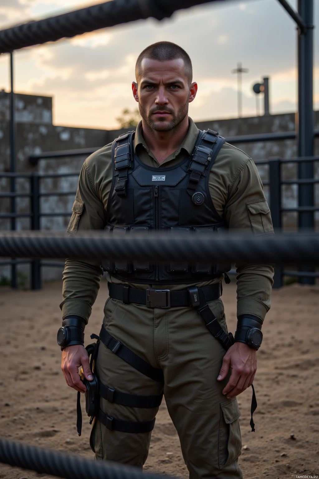 Человек в военной форме стоит на улице.