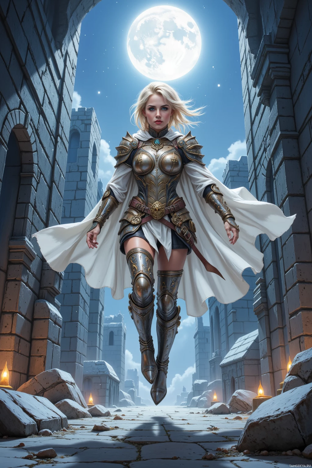 Воин в богато украшенных доспехах стоит во внутреннем дворе из древнего каменного здания, залитом лунным светом.