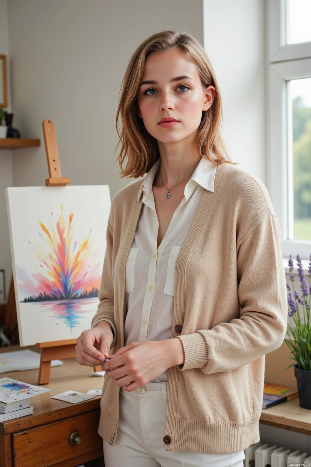 В комнате, на заднем плане картины и окна, стоит человек.