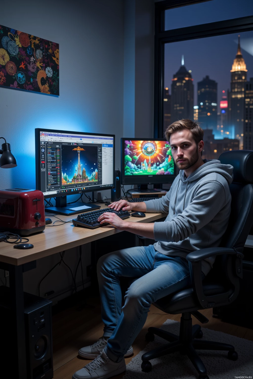 Человек сидит за столом в полумраке комнаты с видом на город, работая за компьютером.