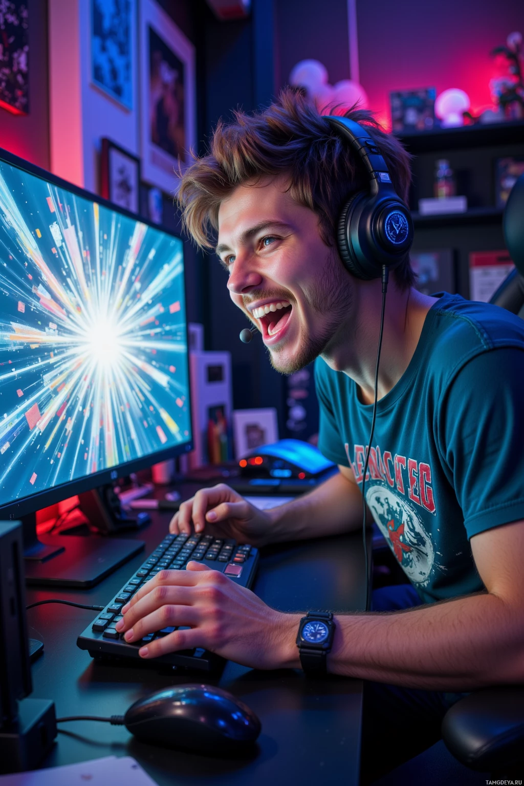 Человек в наушниках сидит за столом с компьютером, улыбаясь и глядя на экран.