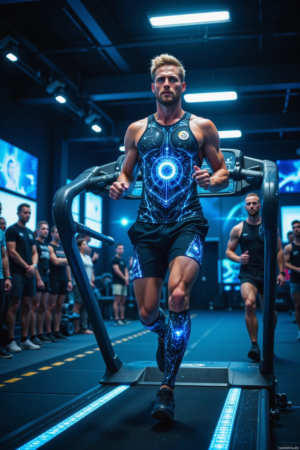 Мужчина бежит на беговой дорожке в спортзале, где тренируются другие люди.