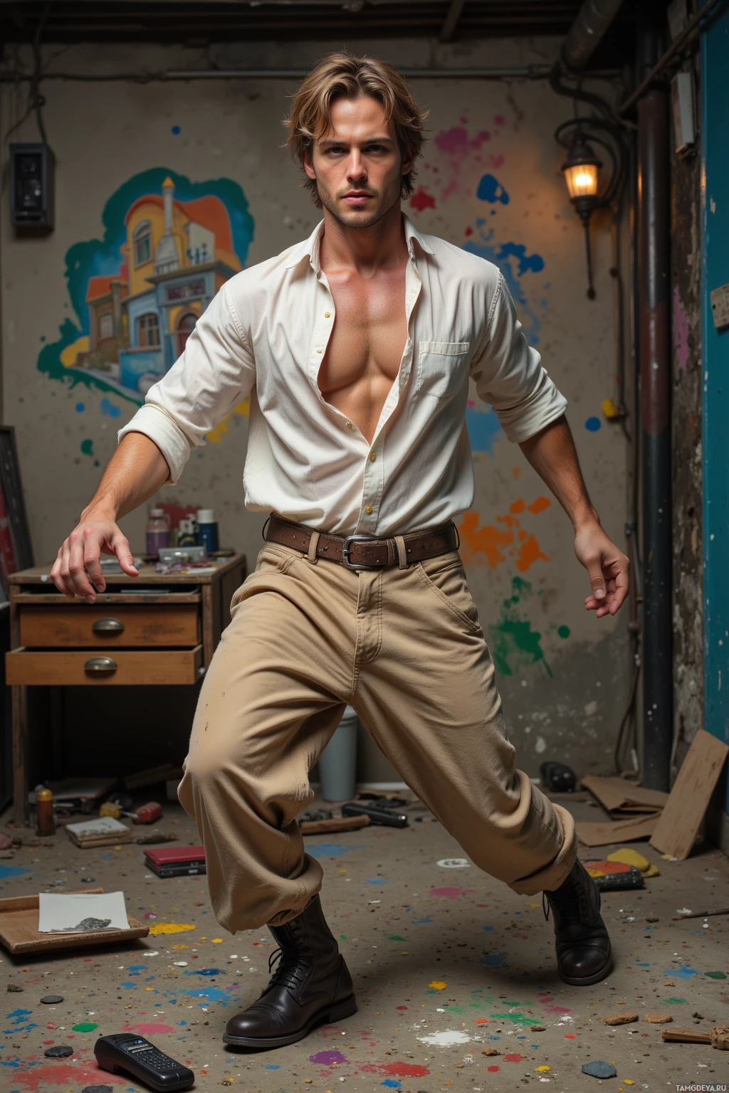 Мужчина в белой рубашке и хаки стоит в заваленной комнате с яркими пятнами краски на стенах.