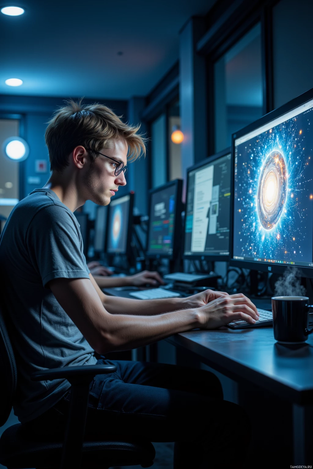 Человек работает за столом, перед которым несколько мониторов с красочной графикой.