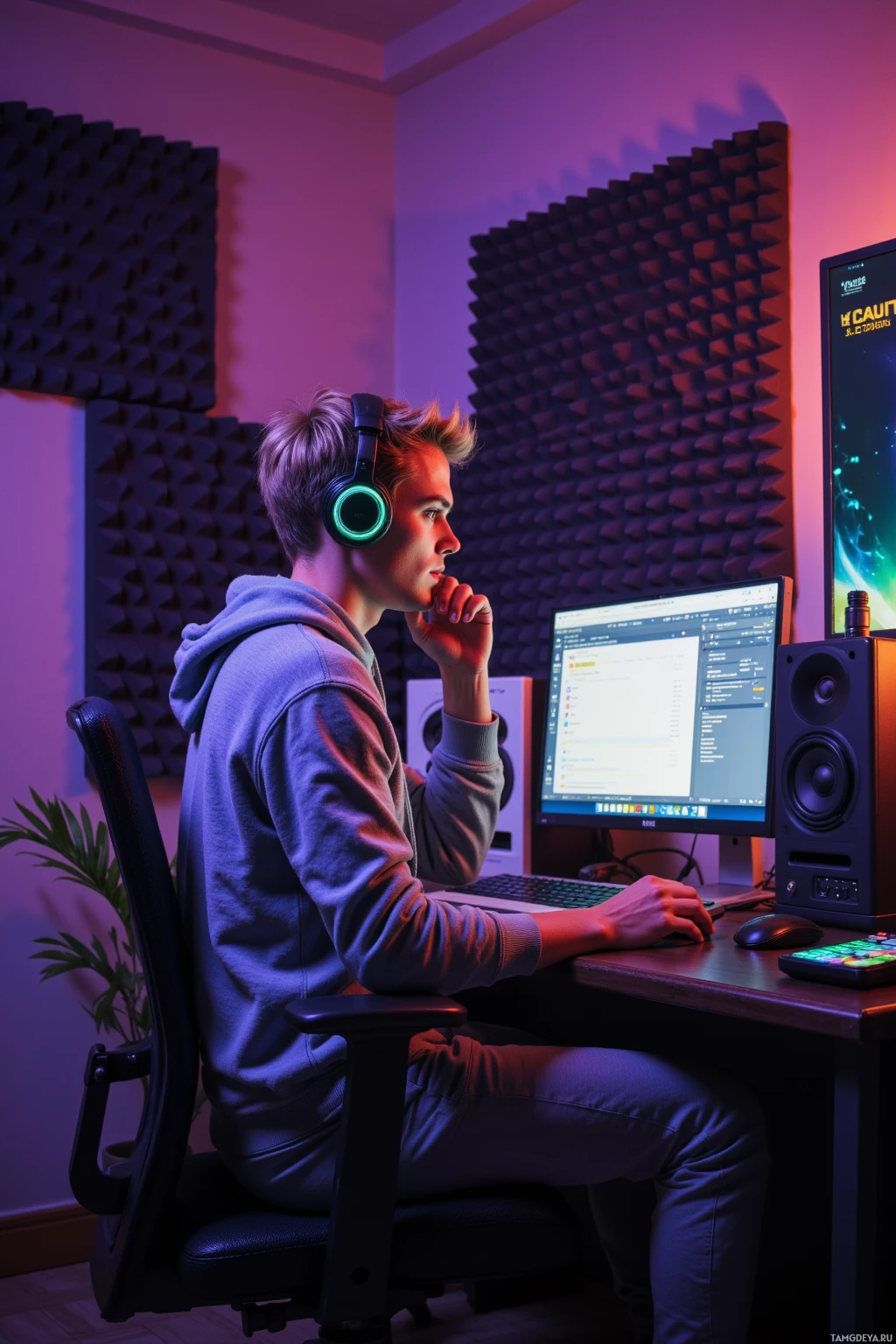 Человек в наушниках сидит за столом в комнате с фиолетовой подсветкой и работает за компьютером.