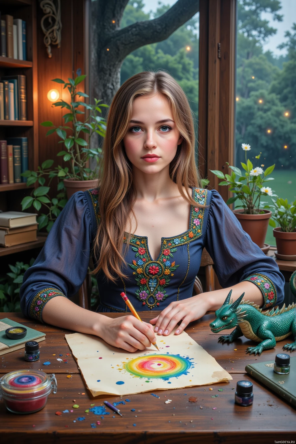 В голубом платье с вышитыми цветами девушка сидит за столом и рисует цветным карандашом спираль.