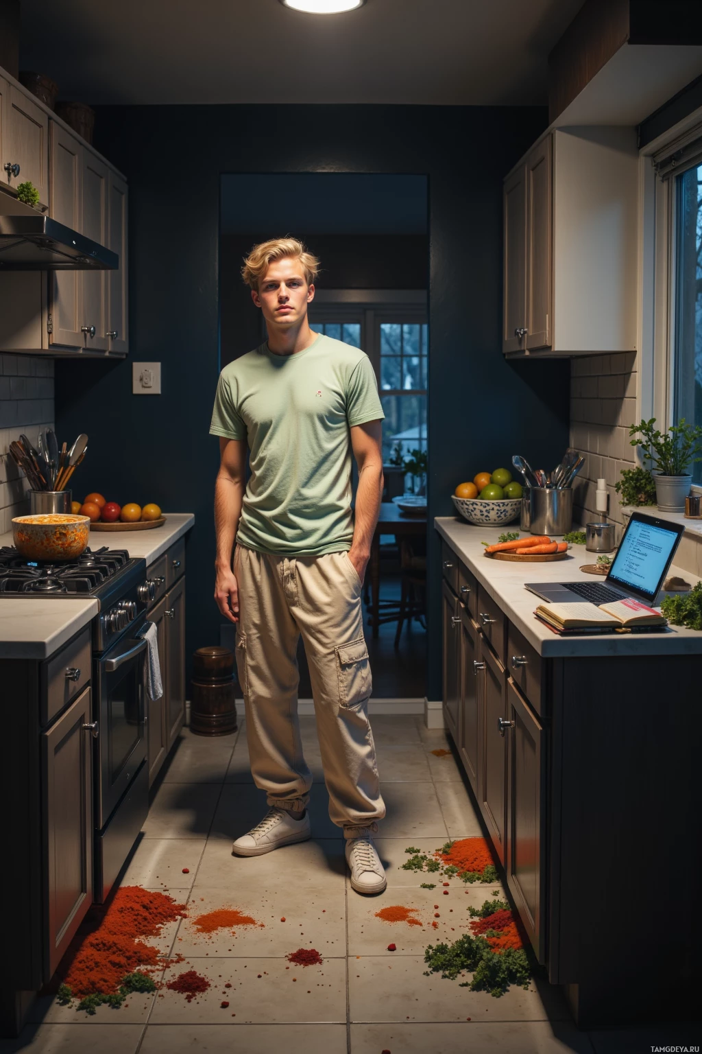 В кухне стоит человек с ноутбуком, а на полу – раскиданные продукты.