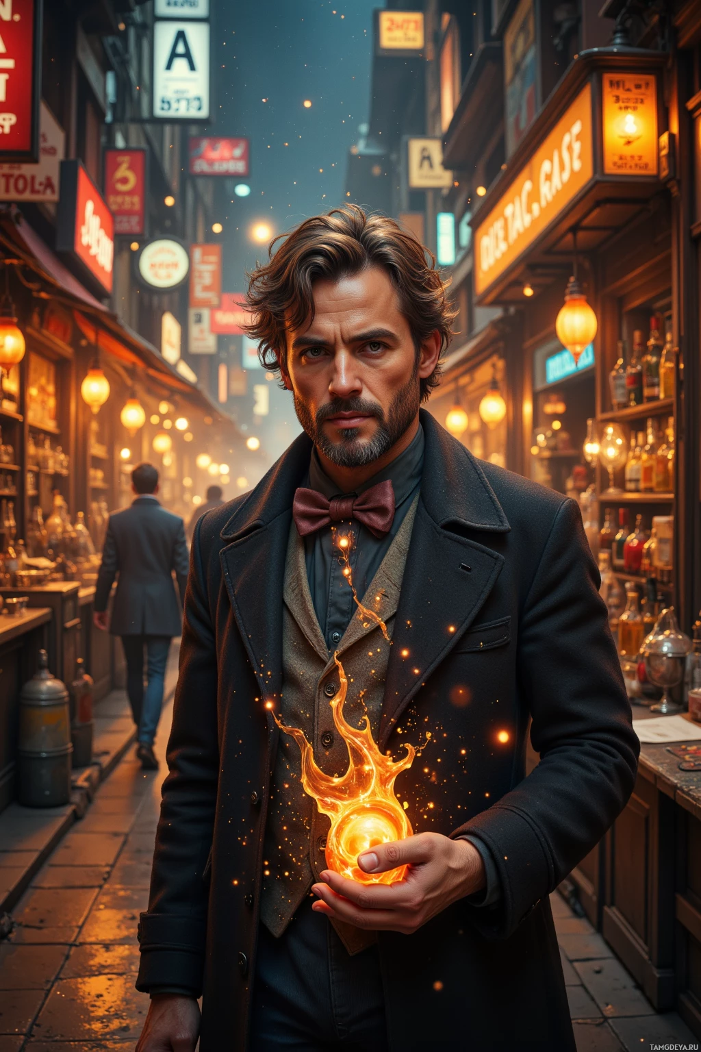 Мужчина в пальто в стиле ретро стоит в оживлённом переулке, держа в руках светящийся шар.