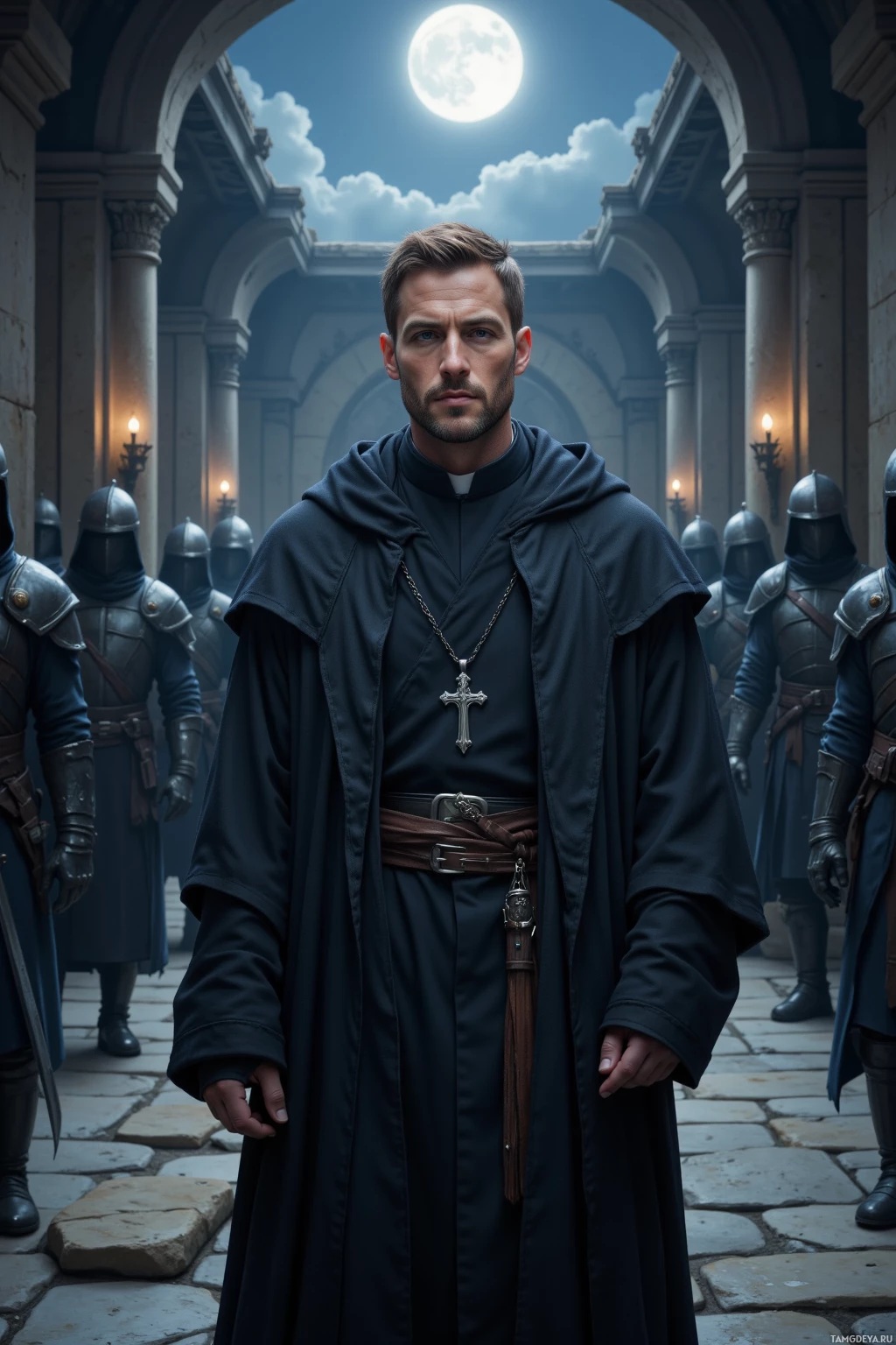 Мужчина в тёмном одеянии стоит во внутреннем дворе, где собраны рыцари в доспехах.