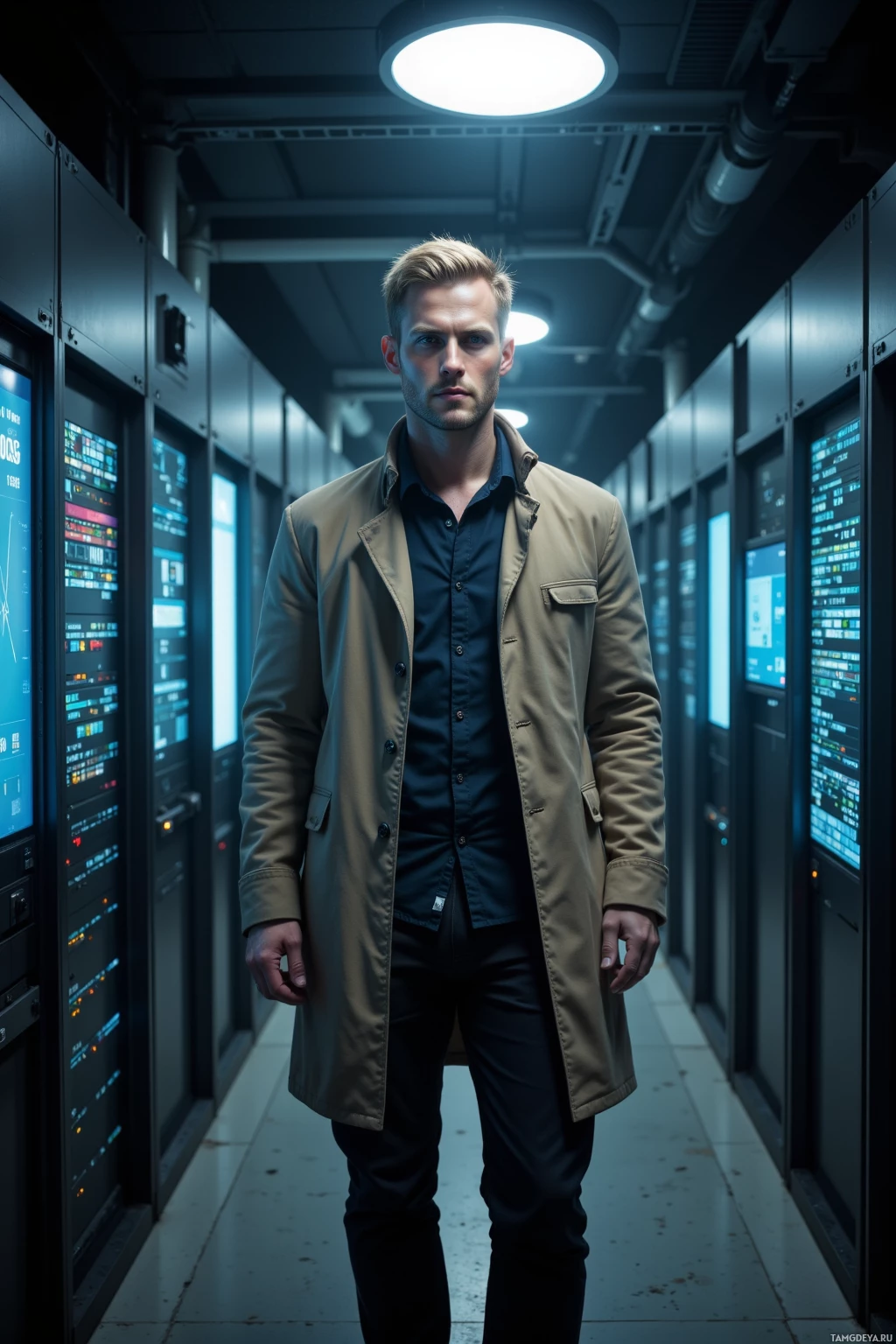 Мужчина стоит в полумраке коридора серверной.