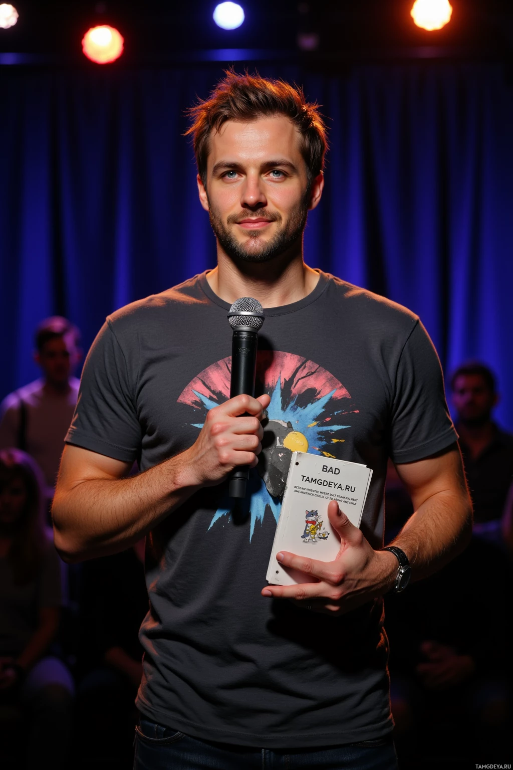 Мужчина стоит на сцене, держа в руках микрофон и карточку.