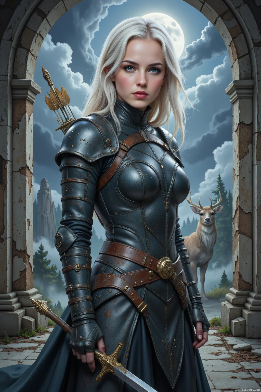 Женщина в средневековых доспехах стоит перед аркой, держа в руках меч, на заднем плане видно оленя.