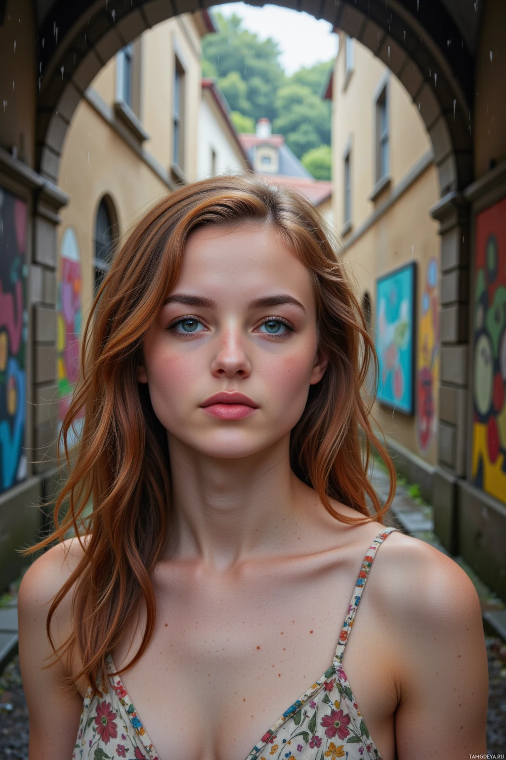 Молодая женщина с длинными волнистыми волосами стоит в узком переулке, стены которого украшены красочными граффити.