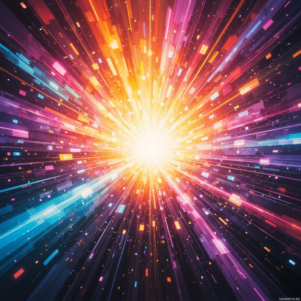 Яркая, абстрактная вспышка света с расходящимися линиями и разноцветными частицами.