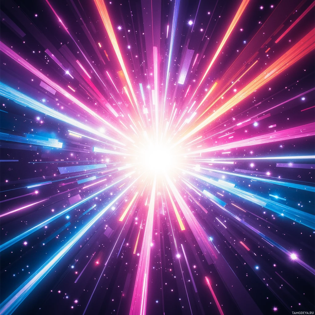 Яркая космическая сцена с лучами света и звездами, расходящимися во все стороны.
