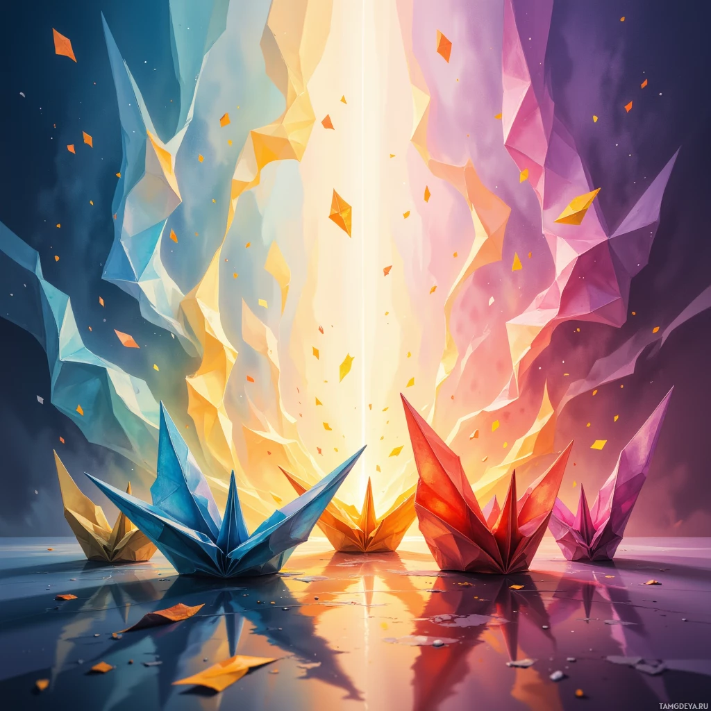 Яркая абстрактная цифровая работа, сочетающая геометрические формы и сильный источник света.