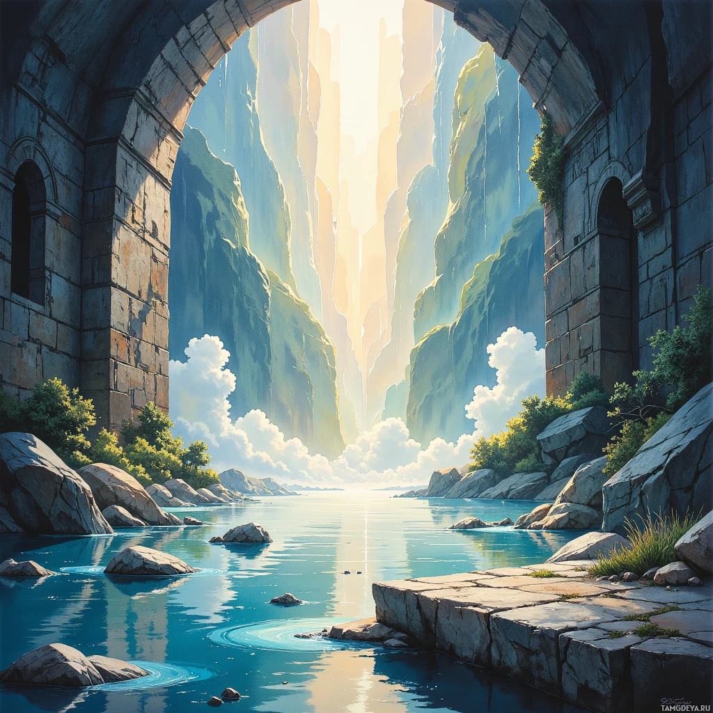 Безмятежный пейзаж с тихой рекой, скалистыми утесами и светлым небом, покрытым мягкими облаками.