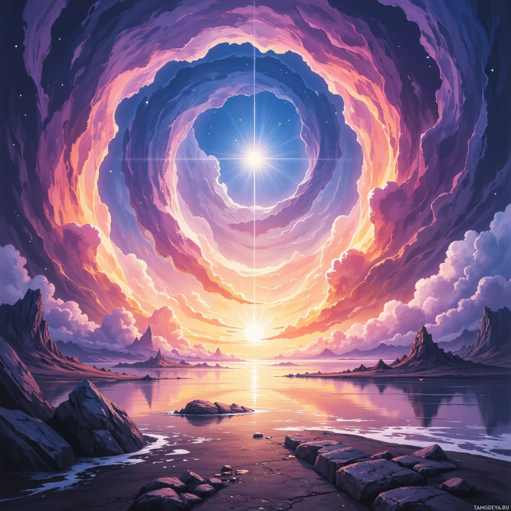 Сюрреалистичный пейзаж с сияющим порталом в небе, окруженным яркими облаками и удачным каменистым ландшафтом.